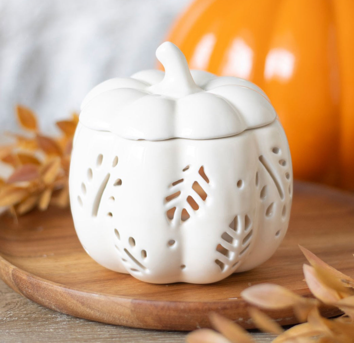 Autumn Leaves Pumpkin Wax Burner - Off White